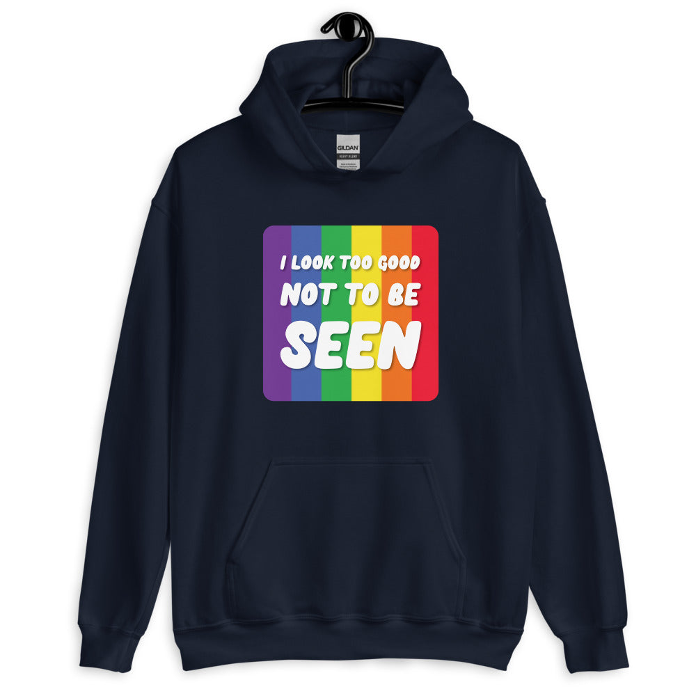 Navy pullover hoodie on a hanger with rainbow stripes and “I LOOK TOO GOOD NOT TO BE SEEN” text