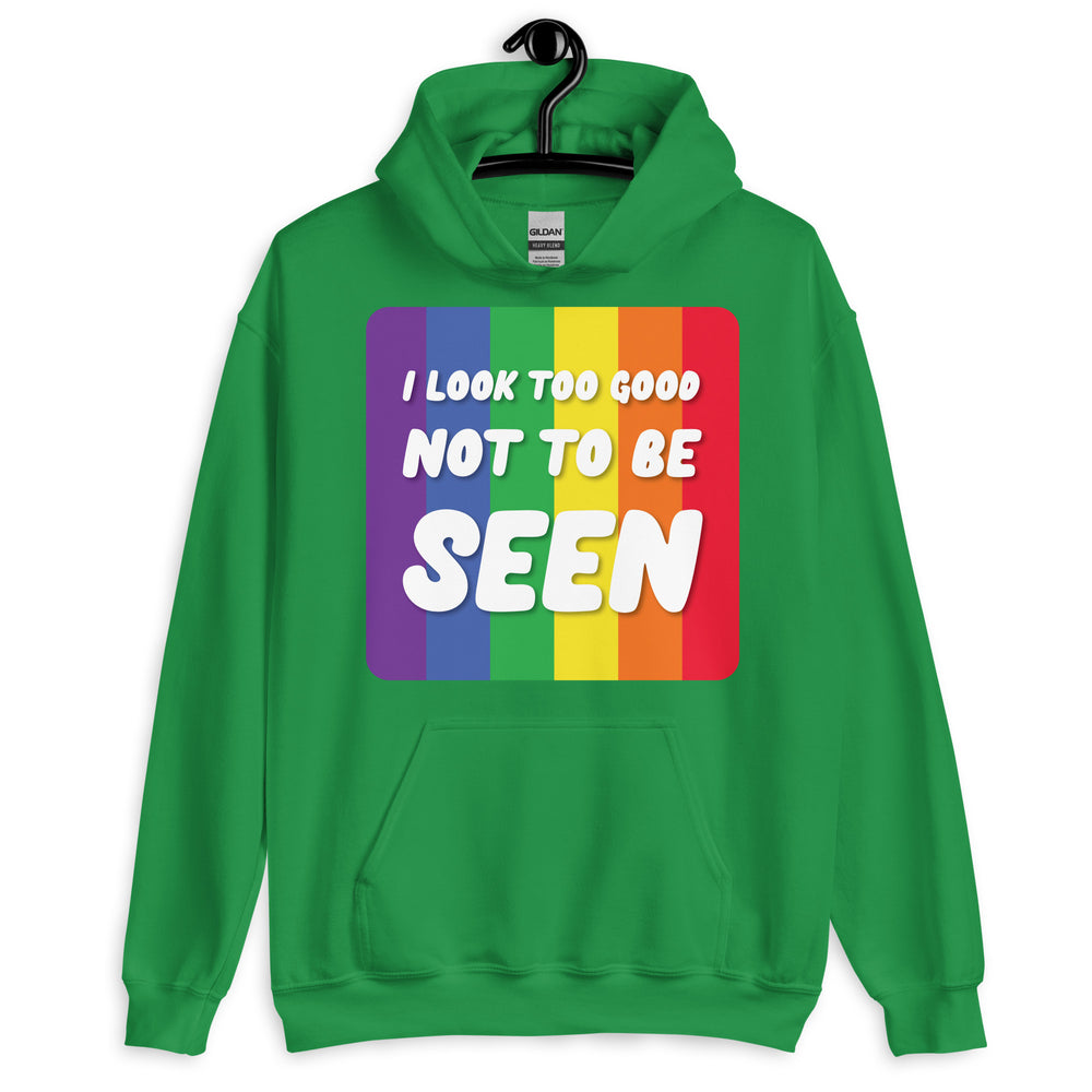 Front view of a green hoodie with rainbow stripes and “I LOOK TOO GOOD NOT TO BE SEEN” text