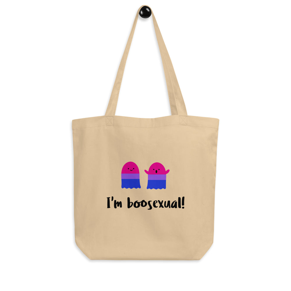 Natural canvas tote bag reading “I'm boosexual!” with two pink-and-blue ghost illustrations