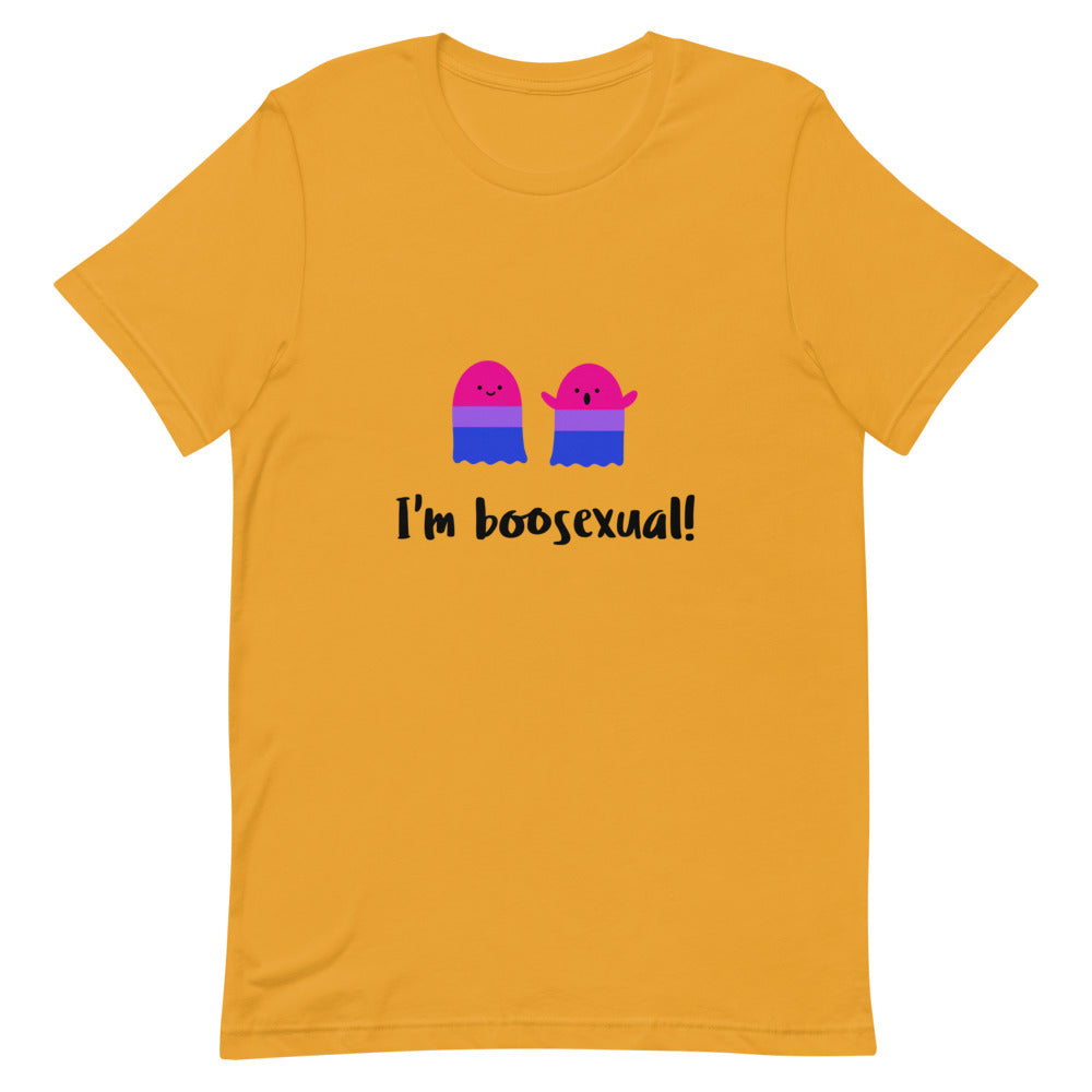 Mustard T-shirt reading “I'm boosexual!” with two colorful cartoon figures