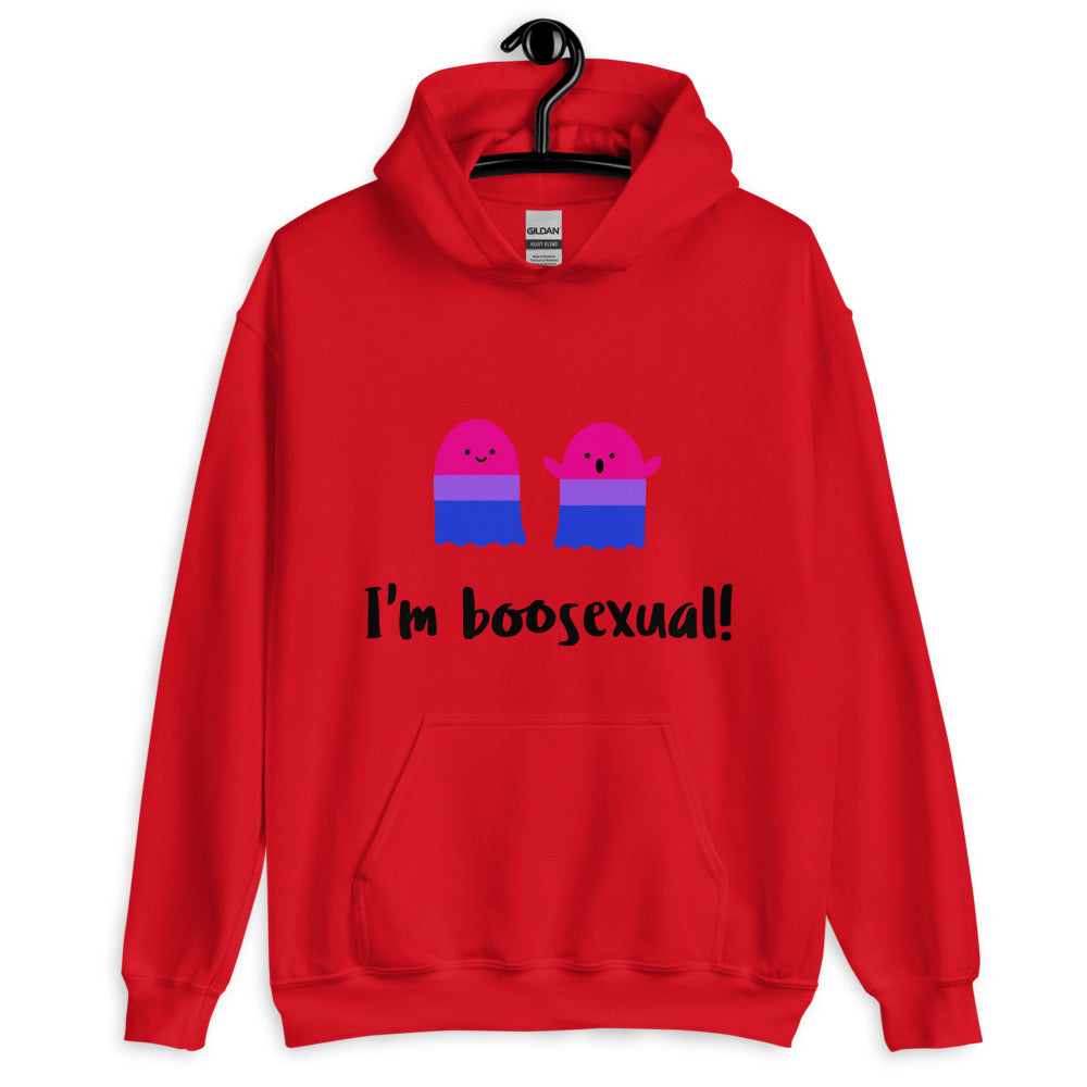 Red pullover hoodie on a hanger with two rainbow ghosts and “I'm boosexual!” text