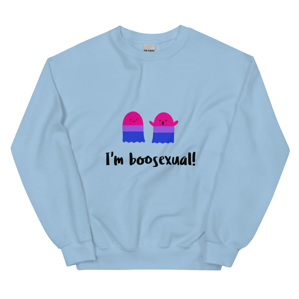 Front view of a light blue sweatshirt reading “I’m boosexual!” with two colorful cartoon figures