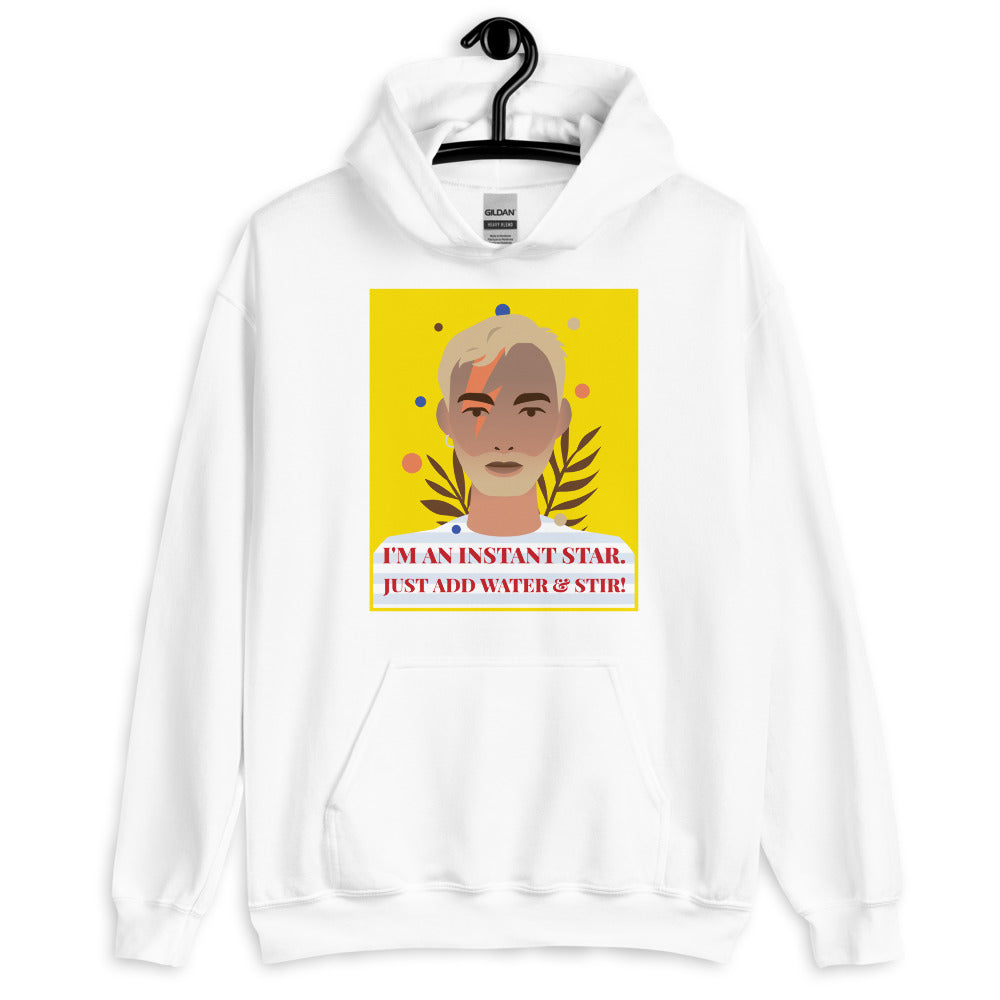 White hoodie on a hanger with a colorful portrait and “I'M AN INSTANT STAR” graphic