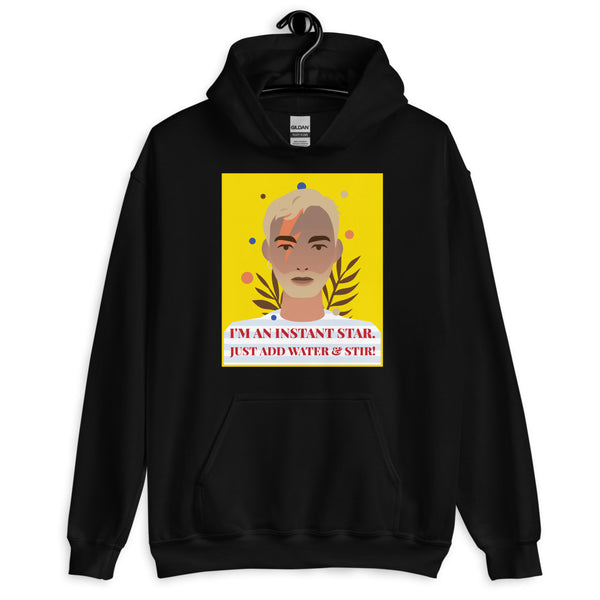 Black hoodie on a hanger with a colorful portrait and “I’M AN INSTANT STAR” graphic