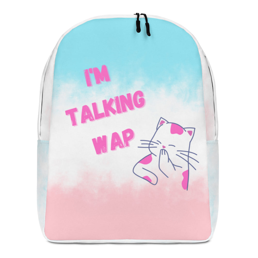 Front view of a pastel backpack reading “I’M TALKING WAP,” with a pink-and-white cat graphic