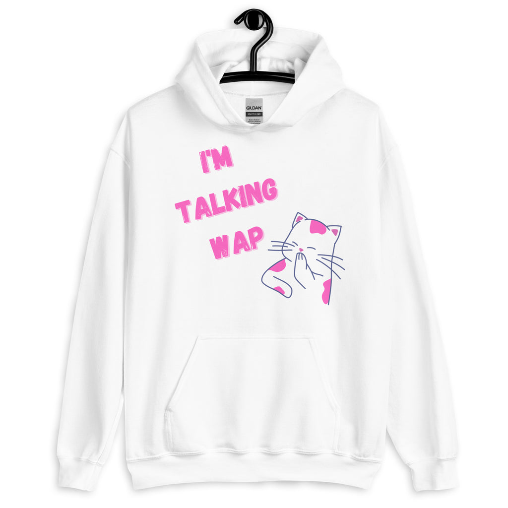 White hoodie with pink “I’M TALKING WAP” text and a sleeping cat graphic