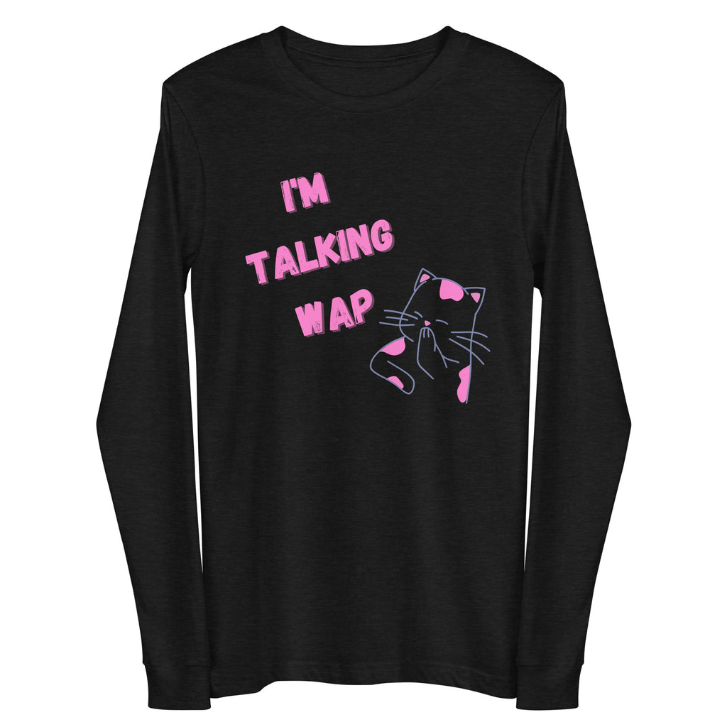 Front view of a black long-sleeve shirt reading “I’M TALKING WAP” with a pink-and-purple cat