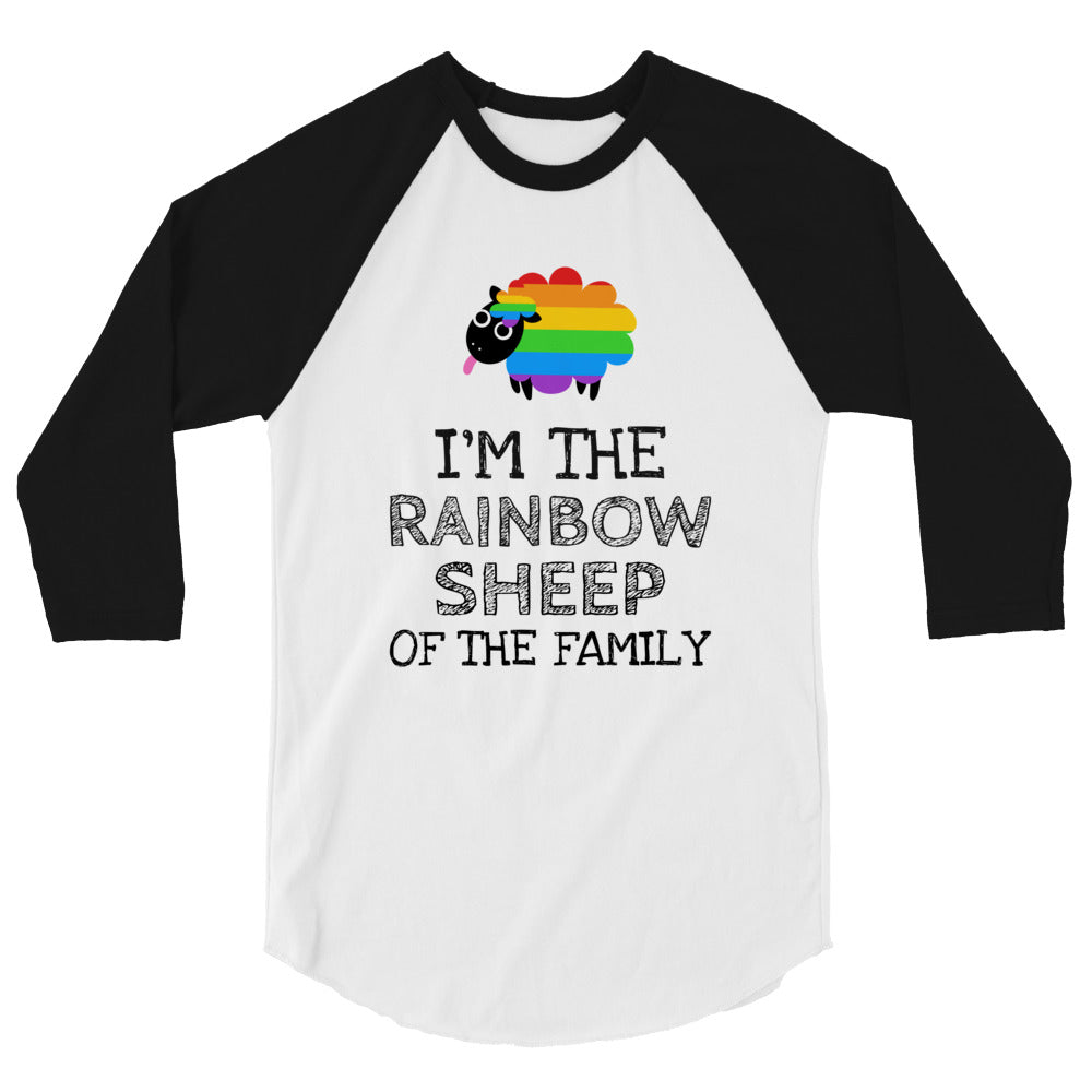 Front view of a white raglan shirt with black sleeves and a rainbow sheep graphic reading “I’M THE RAINBOW SHEEP OF THE FA...