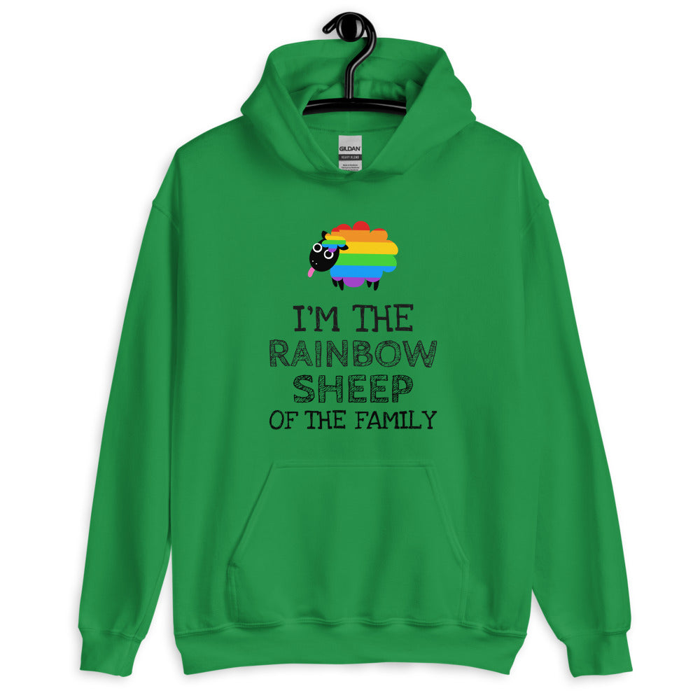Front view of a green hoodie with a rainbow sheep and “I'M THE RAINBOW SHEEP OF THE FAMILY” text