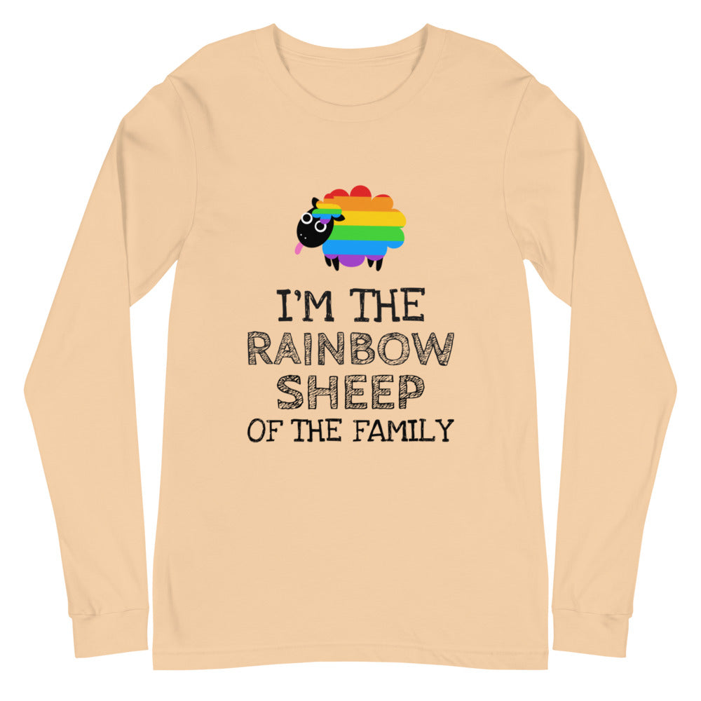 Sand-colored long-sleeve shirt with a rainbow sheep and “I’M THE RAINBOW SHEEP OF THE FAMILY”