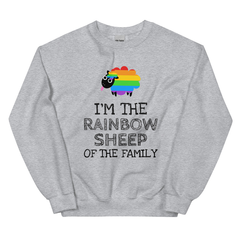 Front view of a gray sweatshirt with a rainbow sheep and “I’M THE RAINBOW SHEEP OF THE FAMILY”