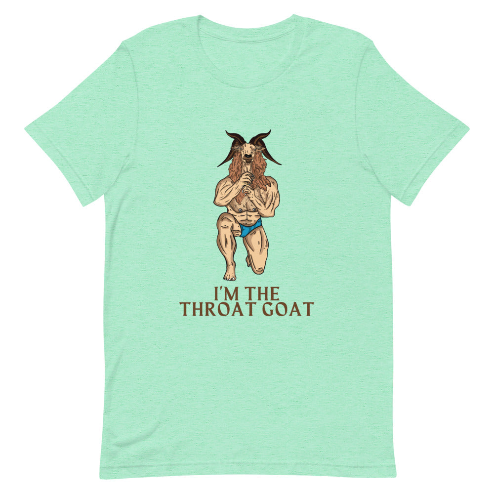 Front view of a mint T-shirt reading “I’M THE THROAT GOAT,” with a goat illustration