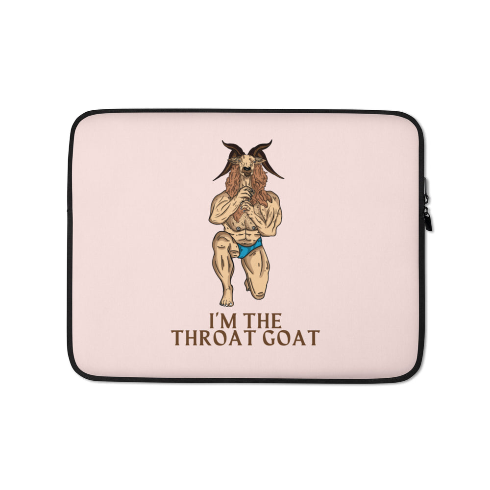 Pink laptop sleeve with a horned goat illustration and “I’M THE THROAT GOAT” text