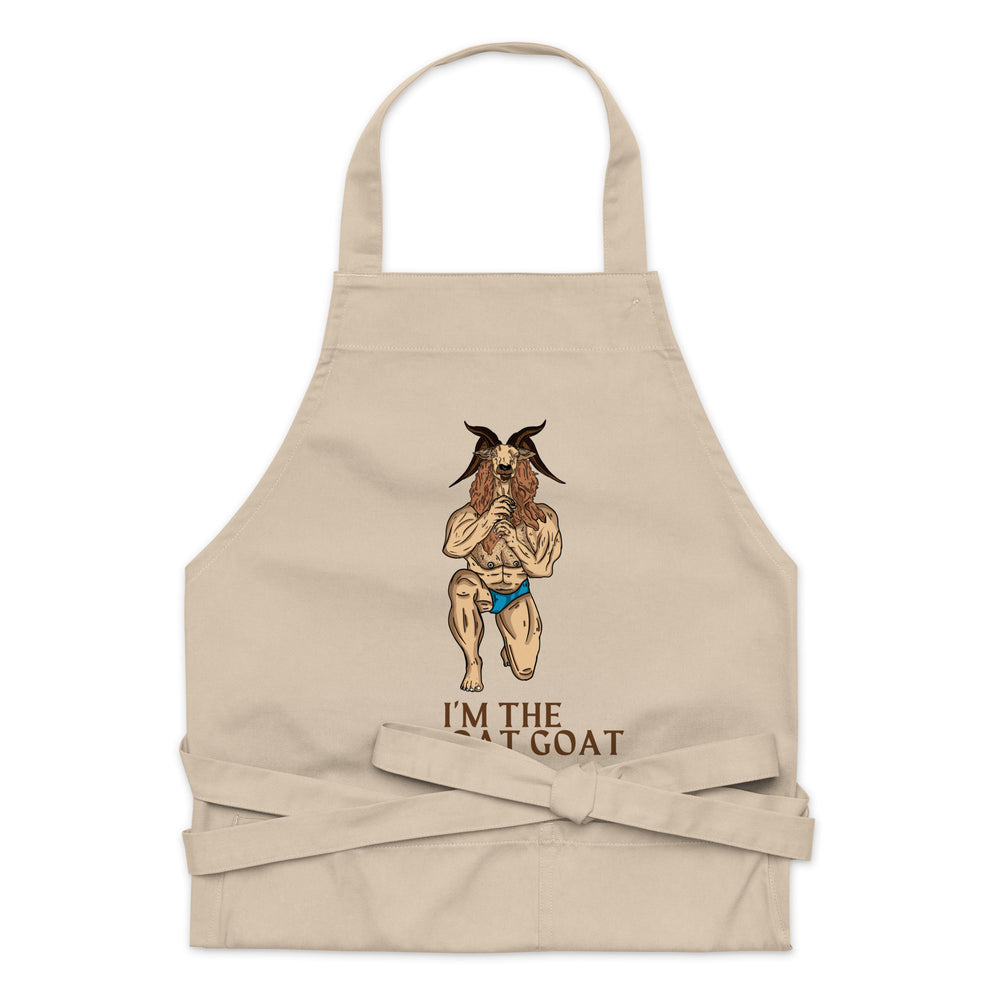 Front view of a beige apron with a goat illustration and “I’M THE THROAT GOAT” text