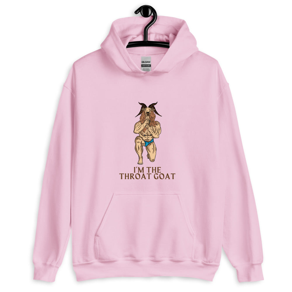 Front view of a pink pullover hoodie reading “I’M THE THROAT GOAT” with a goat graphic