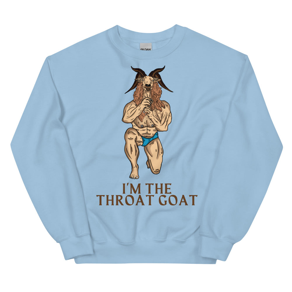 Light blue sweatshirt with a horned goat-man graphic and “I'M THE THROAT GOAT” text