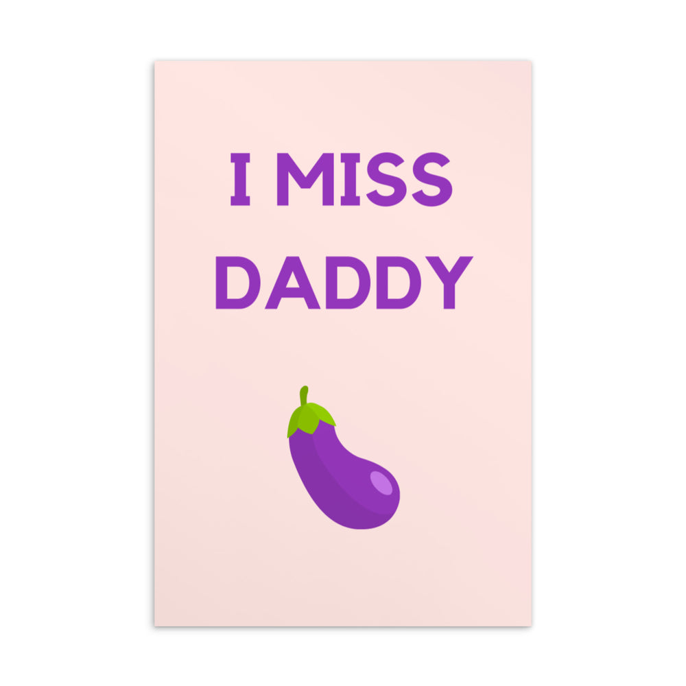 Pink postcard reading “I MISS DADDY” above a purple eggplant illustration