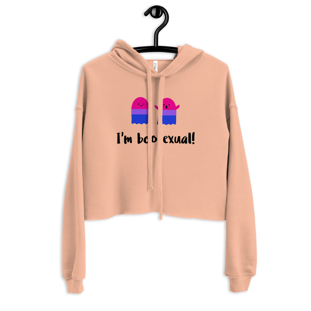 bi armband: I'm Boosexual Crop Hoodie with two cartoon ghosts in bi pride colors; guy lifts it
