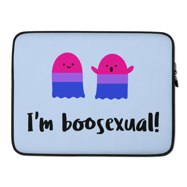 Light blue laptop sleeve with two pink, purple, and blue ghosts and “I’m boos exual!” text