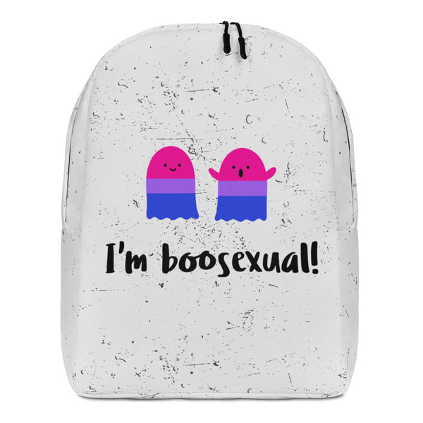 Front view of a white speckled backpack reading “I'm boosexual!” with two pink-and-blue ghosts