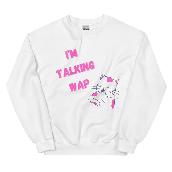 Front view of a white sweatshirt reading “I’M TALKING WAP” with a pink-and-blue cat graphic