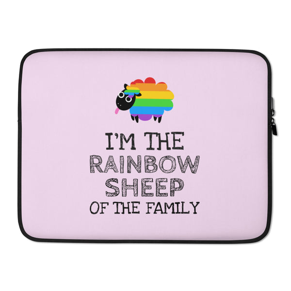 Pink laptop sleeve with a rainbow sheep and the words “I’M THE RAINBOW SHEEP OF THE FAMILY”