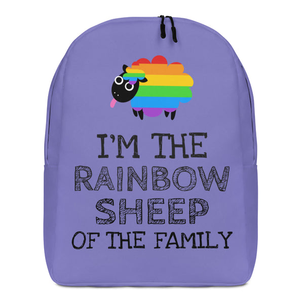 Front view of a lavender backpack with a rainbow sheep and “I’M THE RAINBOW SHEEP OF THE FAMILY” text