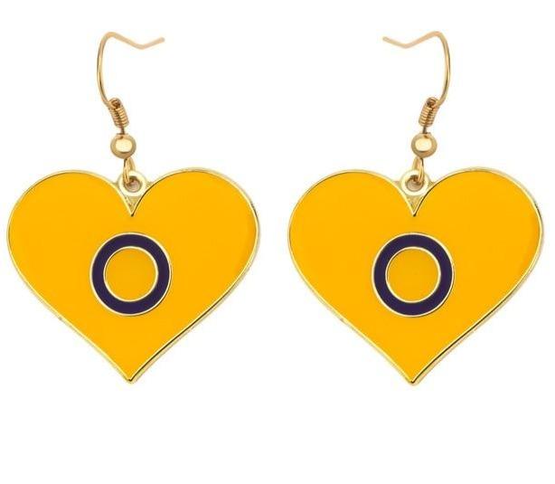 Pair of yellow intersex pride heart earrings with purple ring symbols and gold hooks