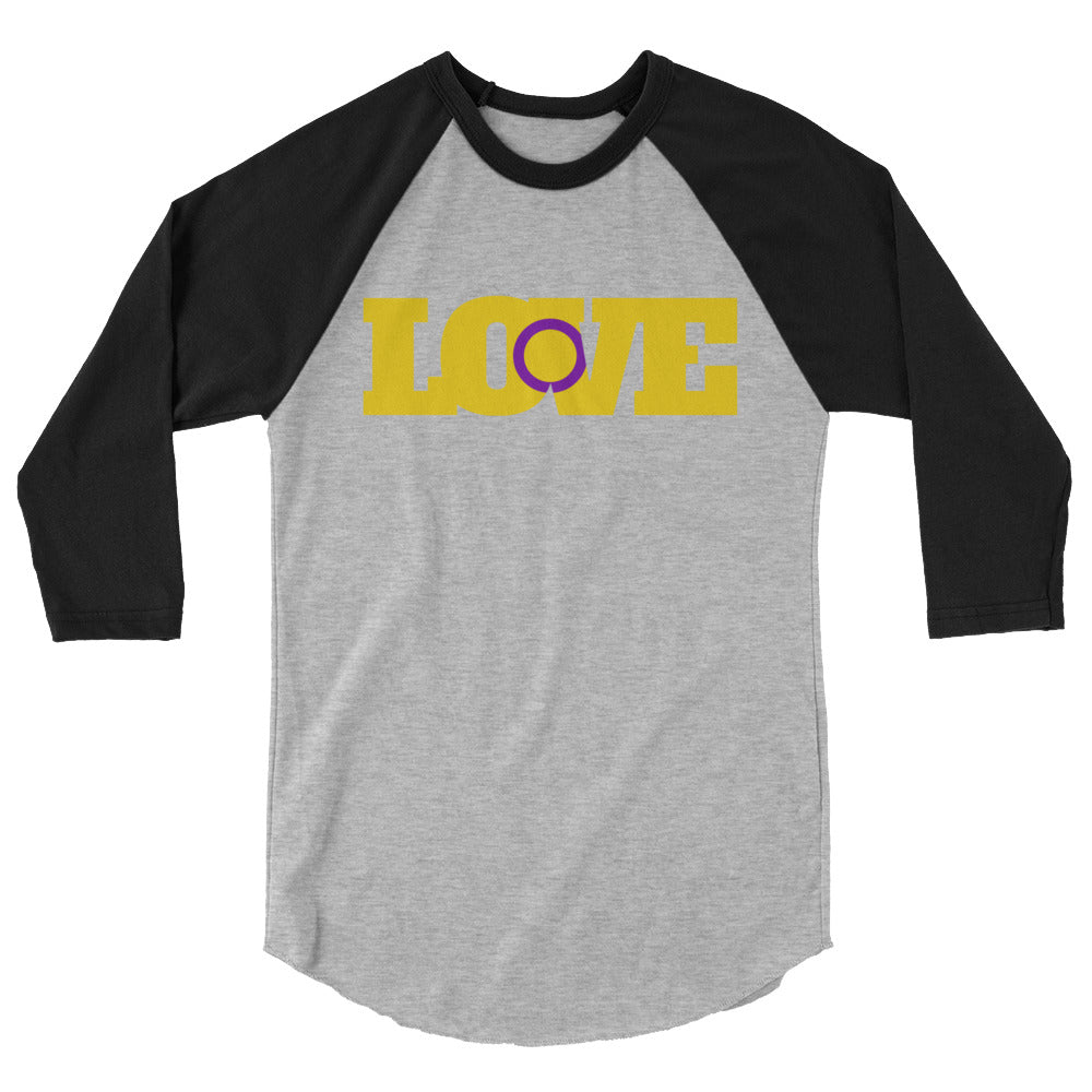 Front view of a gray raglan shirt with black three-quarter sleeves and yellow LOVE lettering