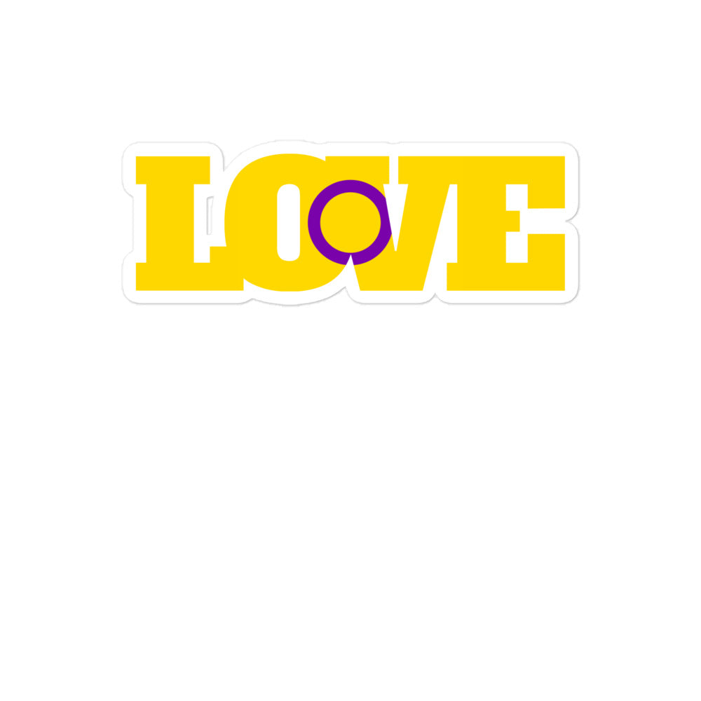 Bubble-free sticker spelling “LOVE” in yellow, with a purple intersex symbol replacing the O