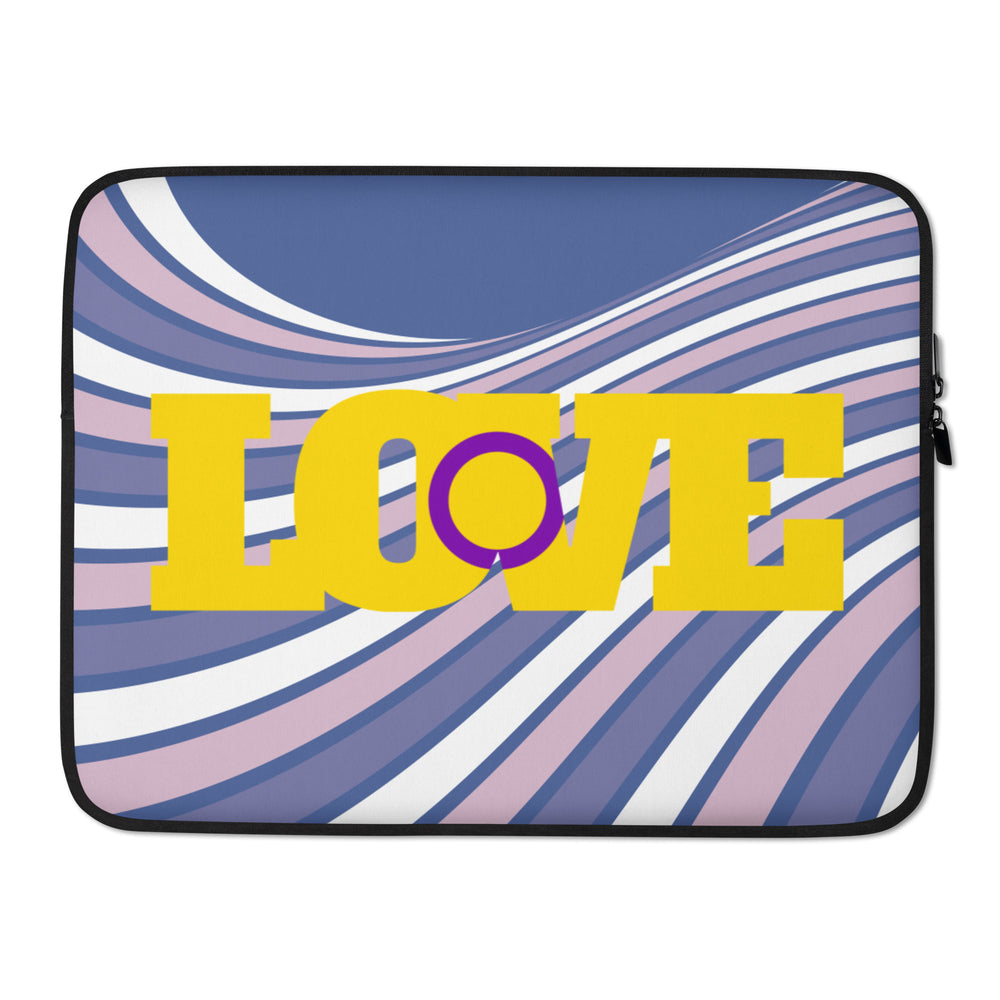 Front view of a laptop sleeve with lavender, pink, white, and blue waves and yellow LOVE lettering