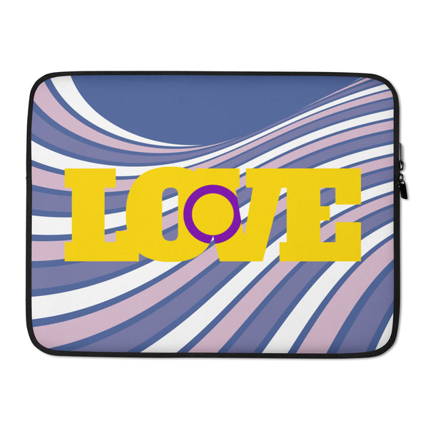 Front view of a laptop sleeve with lavender, pink, white, and blue waves and yellow LOVE lettering