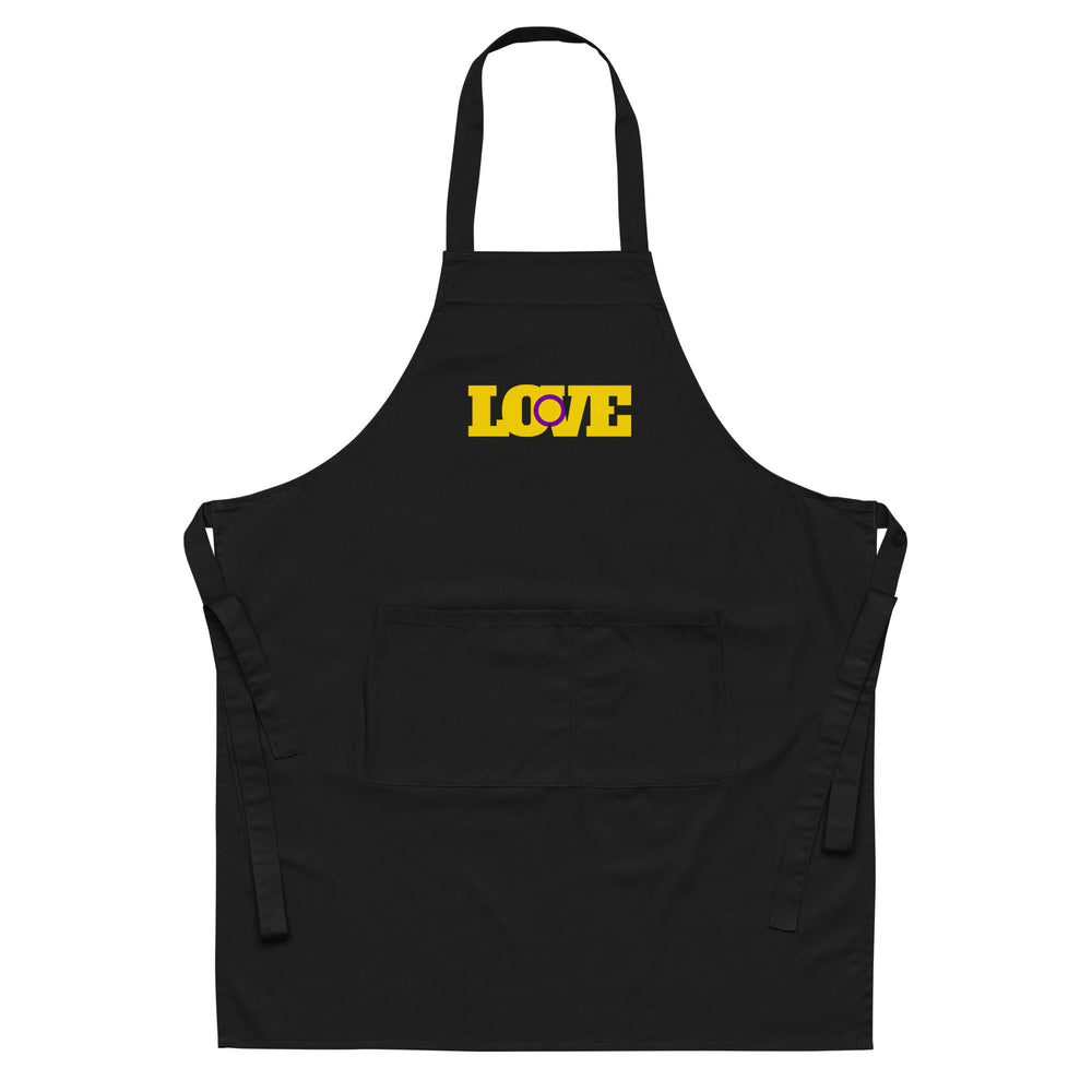 Front-facing black apron with neck strap, waist ties, pocket, and yellow LOVE lettering
