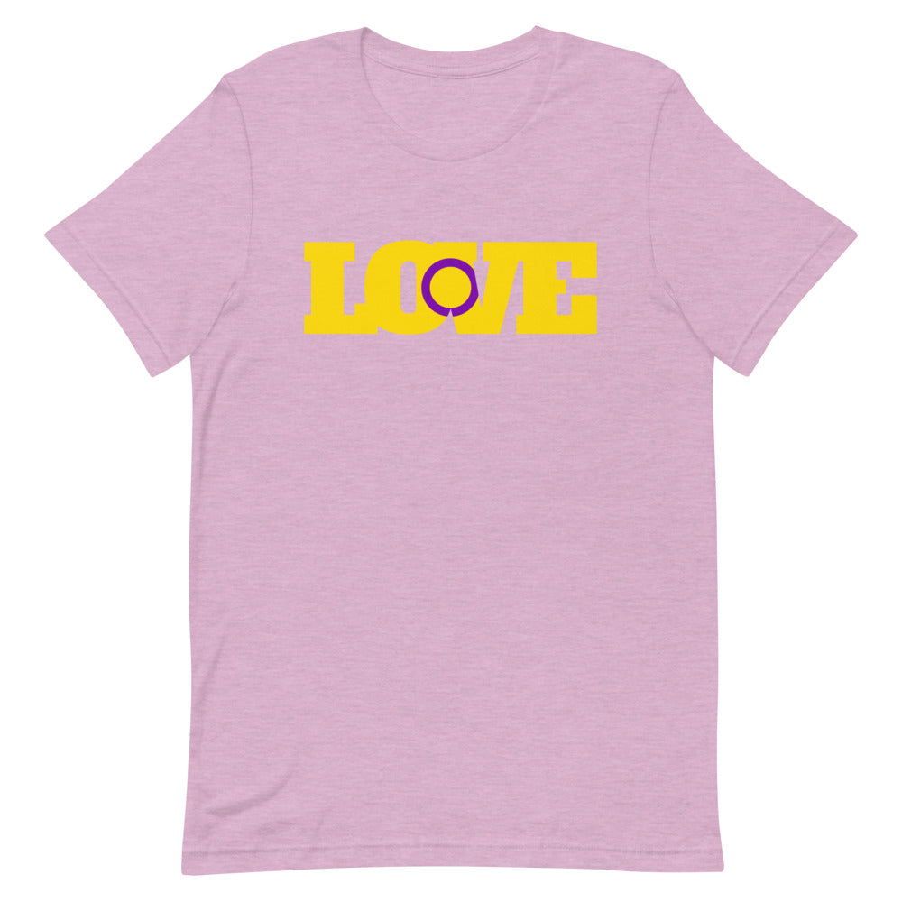 Front view of a heather lilac T-shirt with yellow LOVE lettering and a purple intersex symbol