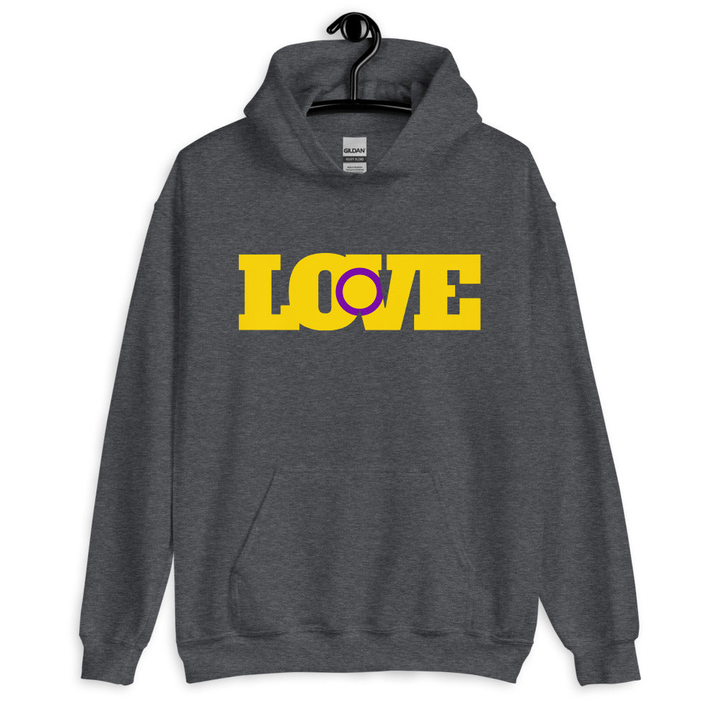 Front view of a dark gray hoodie with yellow “LOVE” lettering and a purple intersex symbol in the O