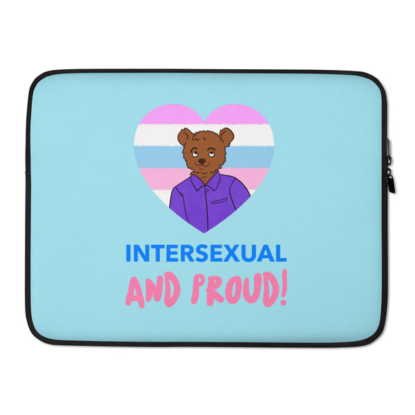 Light blue laptop sleeve with a bear in a pride-flag heart and “INTERSEXUAL AND PROUD!” text