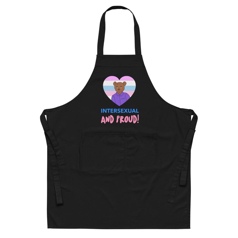 Front-view black apron with a bear in a striped heart and “INTERSEXUAL AND PROUD!” text