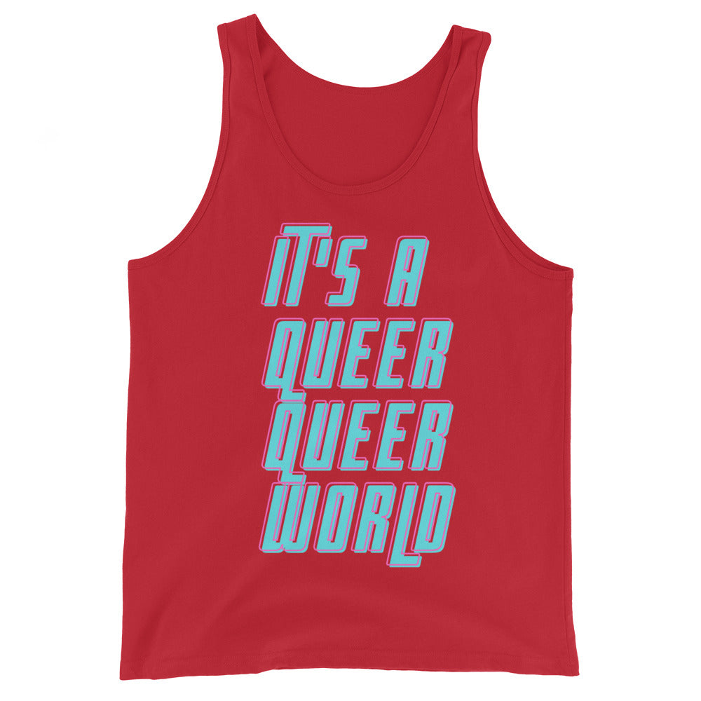 Red unisex tank top with turquoise and pink “IT’S A QUEER QUEER WORLD” graphic
