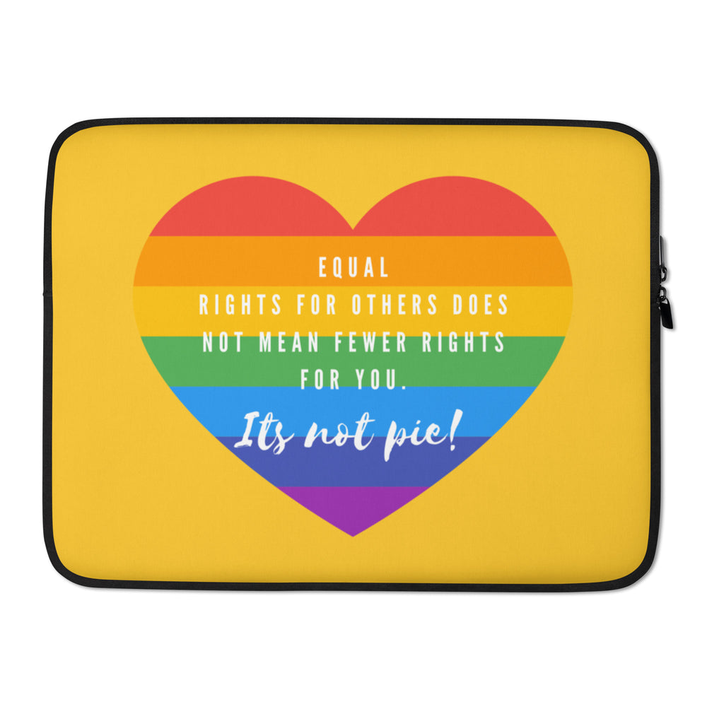 Front view of a yellow laptop sleeve with a rainbow heart and “It’s not pie!” text