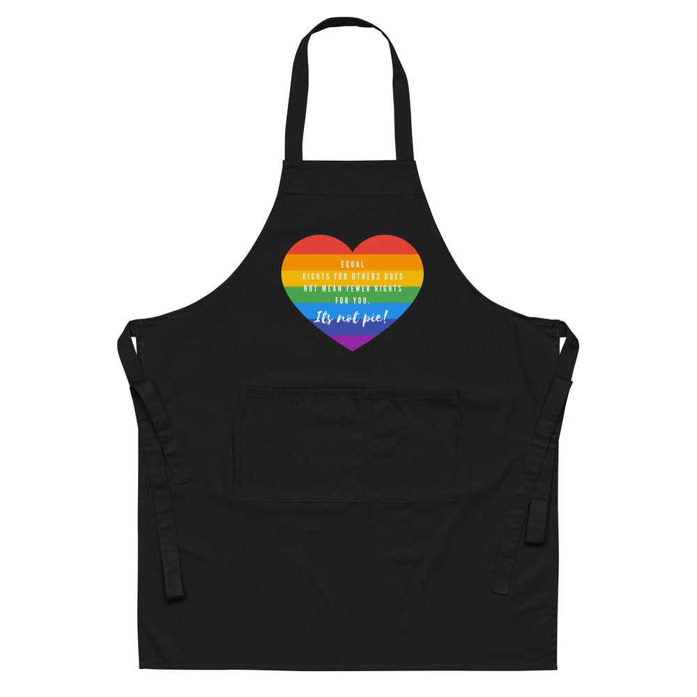 Front view of a black apron with a rainbow heart reading “Equal rights for others does not mean fewer rights for you. It’s...