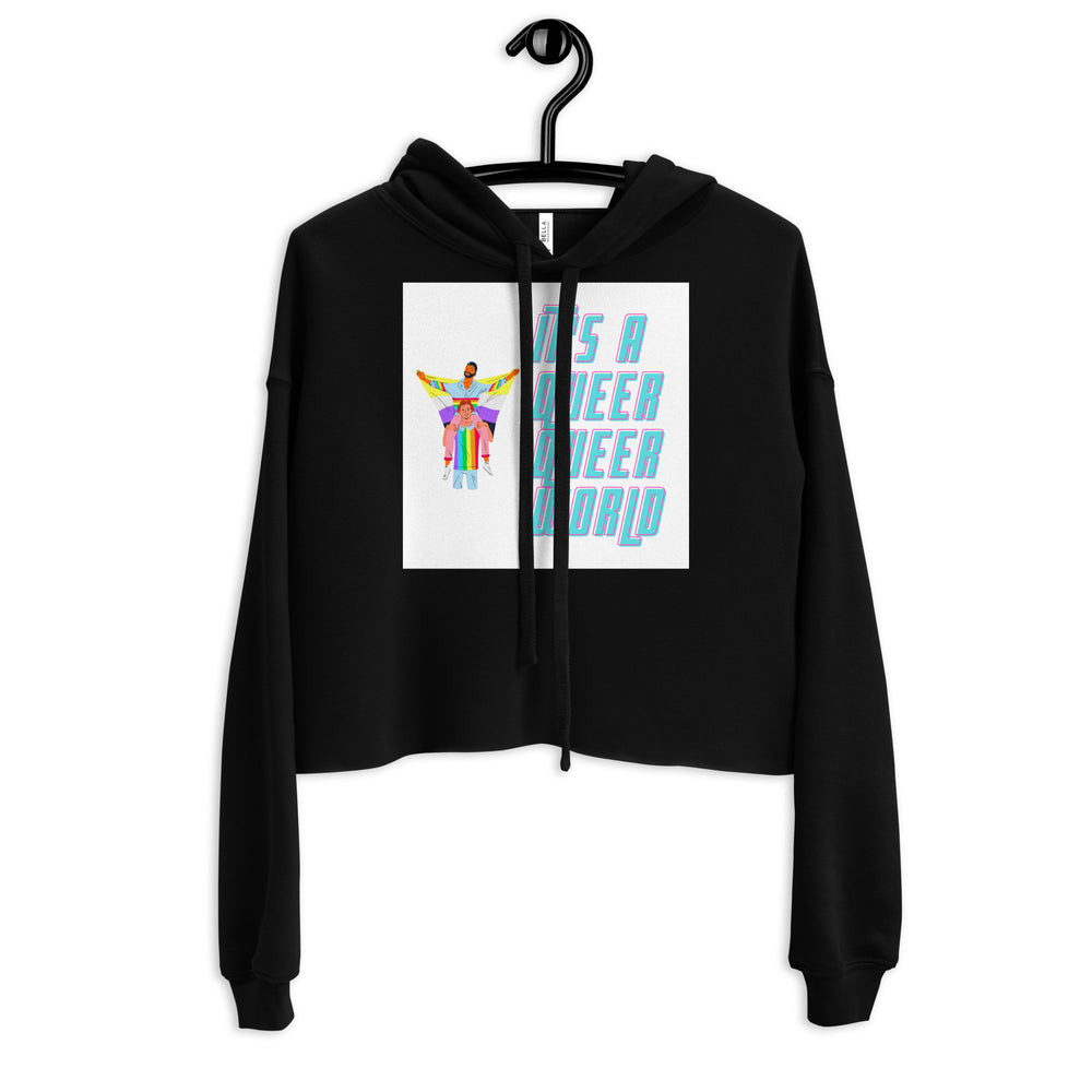 Front view of a black cropped hoodie with a colorful queer-themed graphic and drawstrings