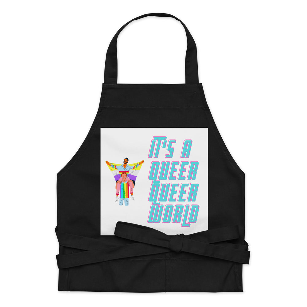 Front view of a black apron with a colorful “IT’S A QUEER QUEER WORLD” graphic