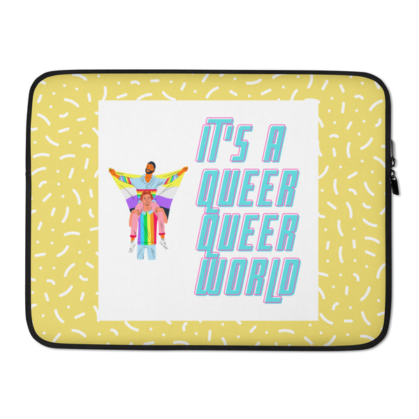 Yellow laptop sleeve with white sprinkles, rainbow illustration, and “IT’S A QUEER QUEER WORLD” text
