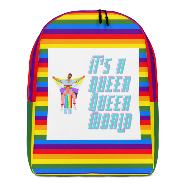 Front view of a rainbow-striped backpack reading “IT’S A QUEER QUEER WORLD”