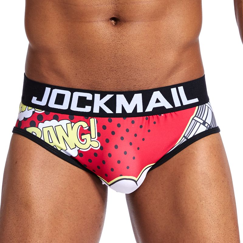 Red comic-print brief underwear with black JOCKMAIL waistband and visible “BANG!” graphic