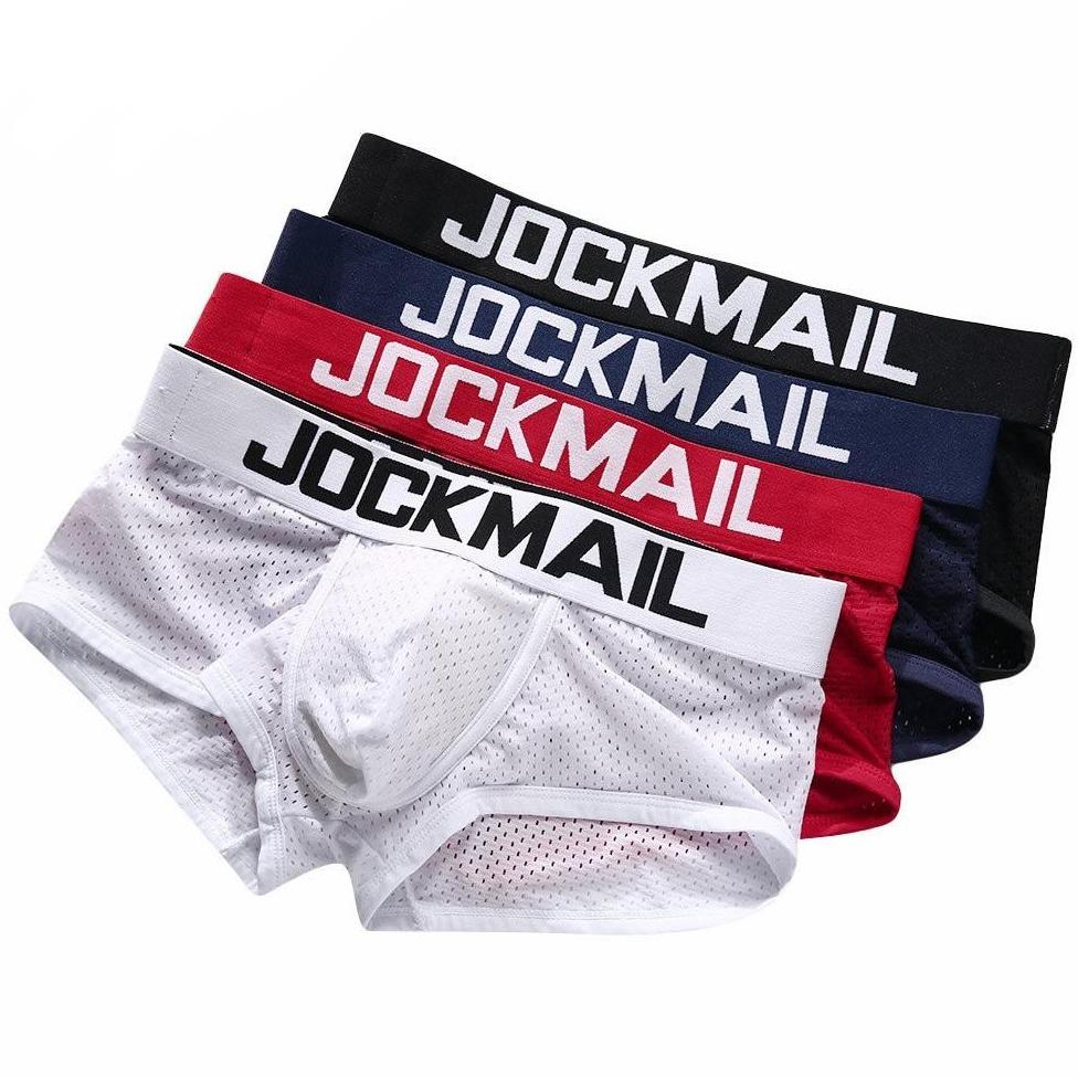 Four breathable mesh boxers in black, navy, red, and white with JOCKMAIL waistbands
