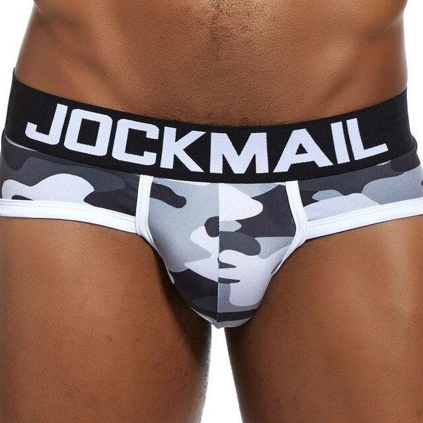 Front view of gray camouflage briefs with a black JOCKMAIL waistband