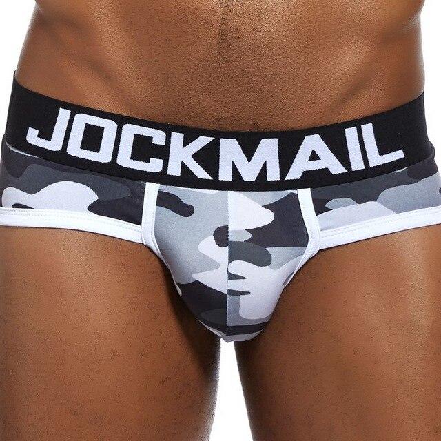 Front view of gray camouflage briefs with a black JOCKMAIL waistband