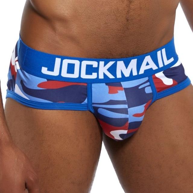 Blue camouflage brief underwear with a wide JOCKMAIL logo waistband