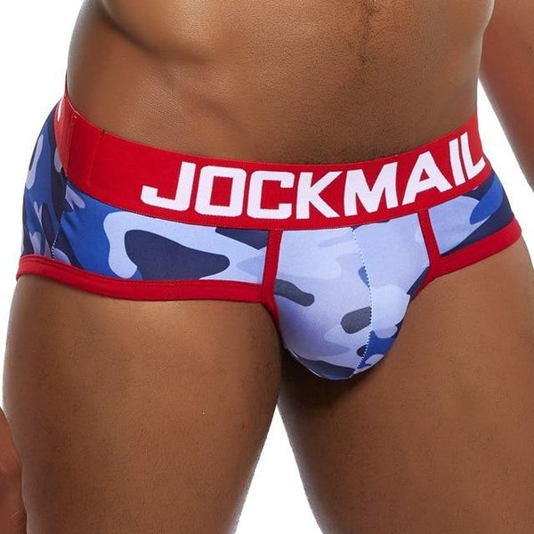 Front close-up of blue camouflage brief underwear with red trim and JOCKMAIL waistband